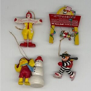 Vintage 1990 McDonalds Christmas Ornaments Set Ronald Hamburglar Birdie Sign 4pc
